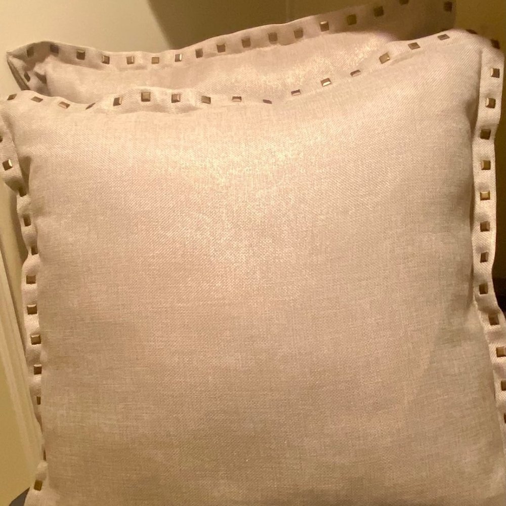2 Pillows, Decorative, Beige/Wheat Color, with square metallic accents.